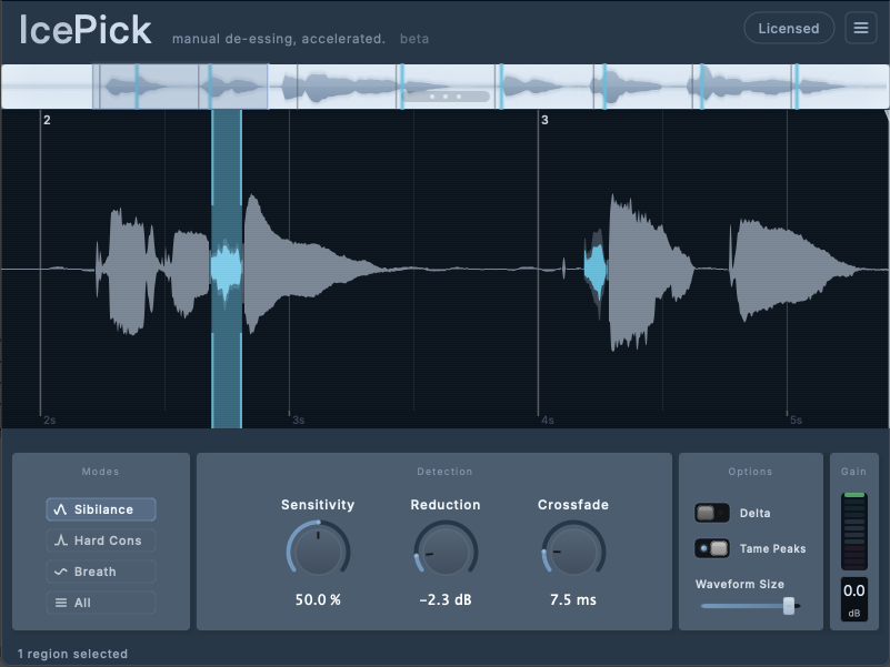 IcePick interface showing waveform with detected events and editing controls